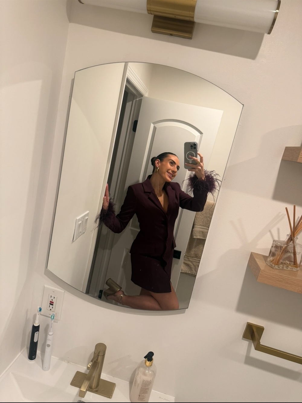 Fashion Nova Plum Feather-Cuff Blazer Mini Dress